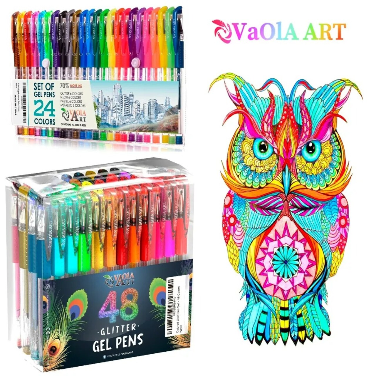 Gel Pens 2 Sets with 72 Colors, 48 Gel Pens Set and 24 Gel Pens Set
